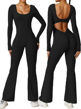 Vertvie Women Flare Jumpsuits Long Sleeve Sexy Backless Padded Bodycon Rompers Scrunch Butt V Back Playsuit Workout Bodysuit