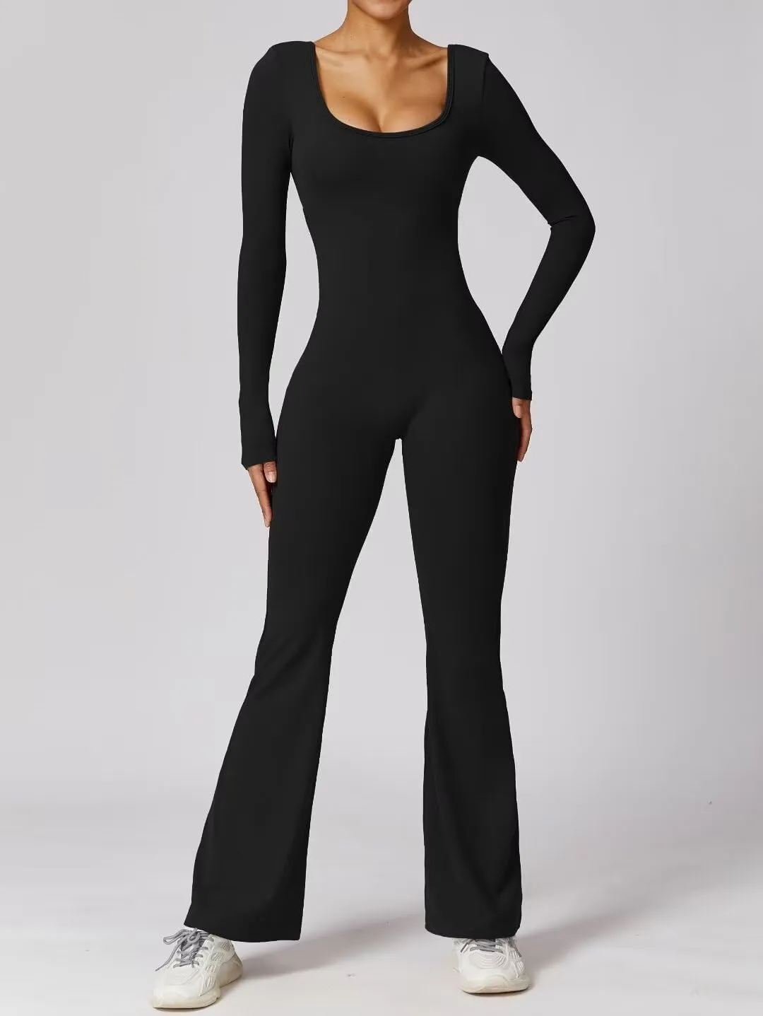 Vertvie Women Flare Jumpsuits Long Sleeve Sexy Backless Padded Bodycon Rompers Scrunch Butt V Back Playsuit Workout Bodysuit