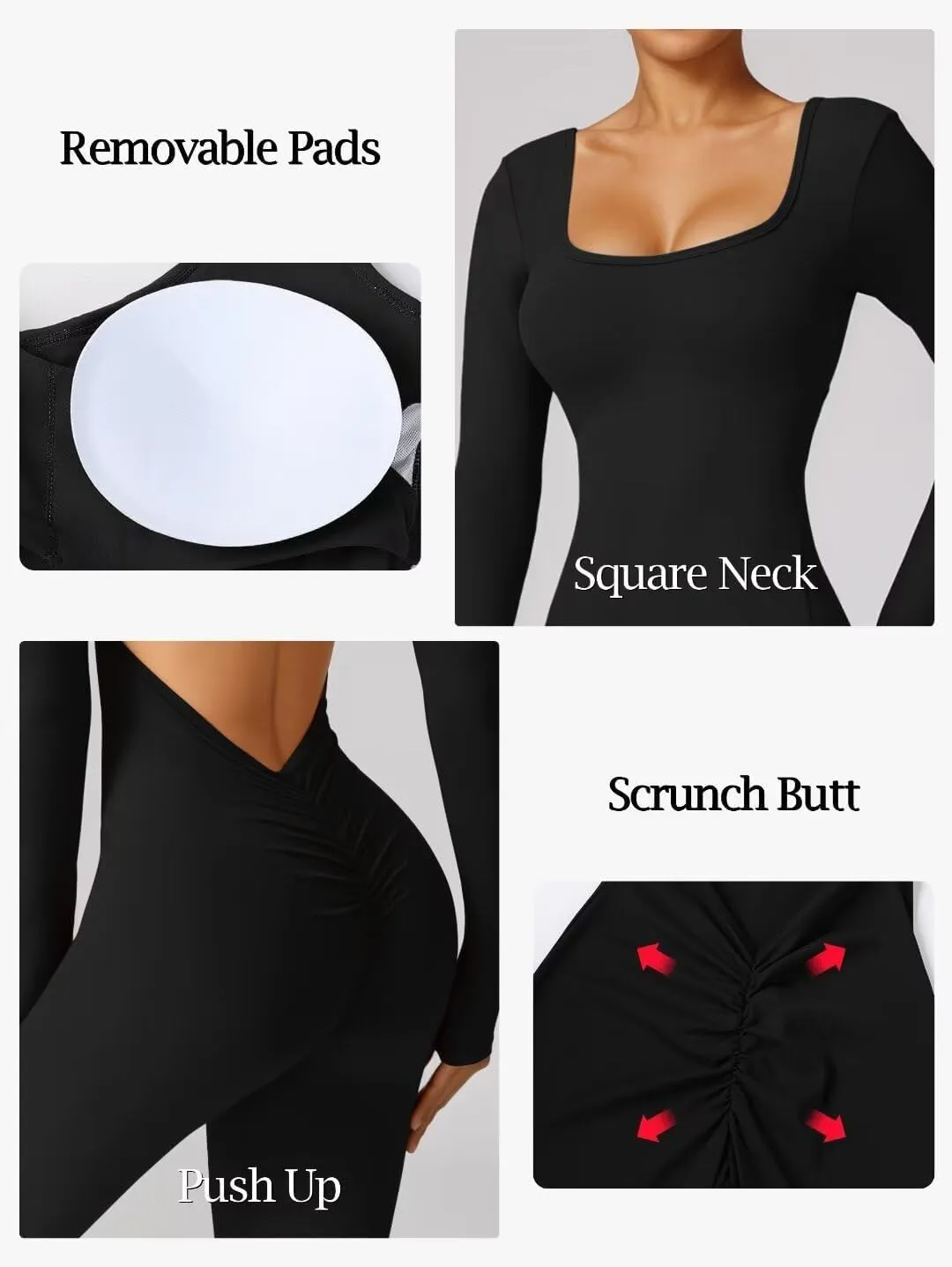 Vertvie Women Flare Jumpsuits Long Sleeve Sexy Backless Padded Bodycon Rompers Scrunch Butt V Back Playsuit Workout Bodysuit