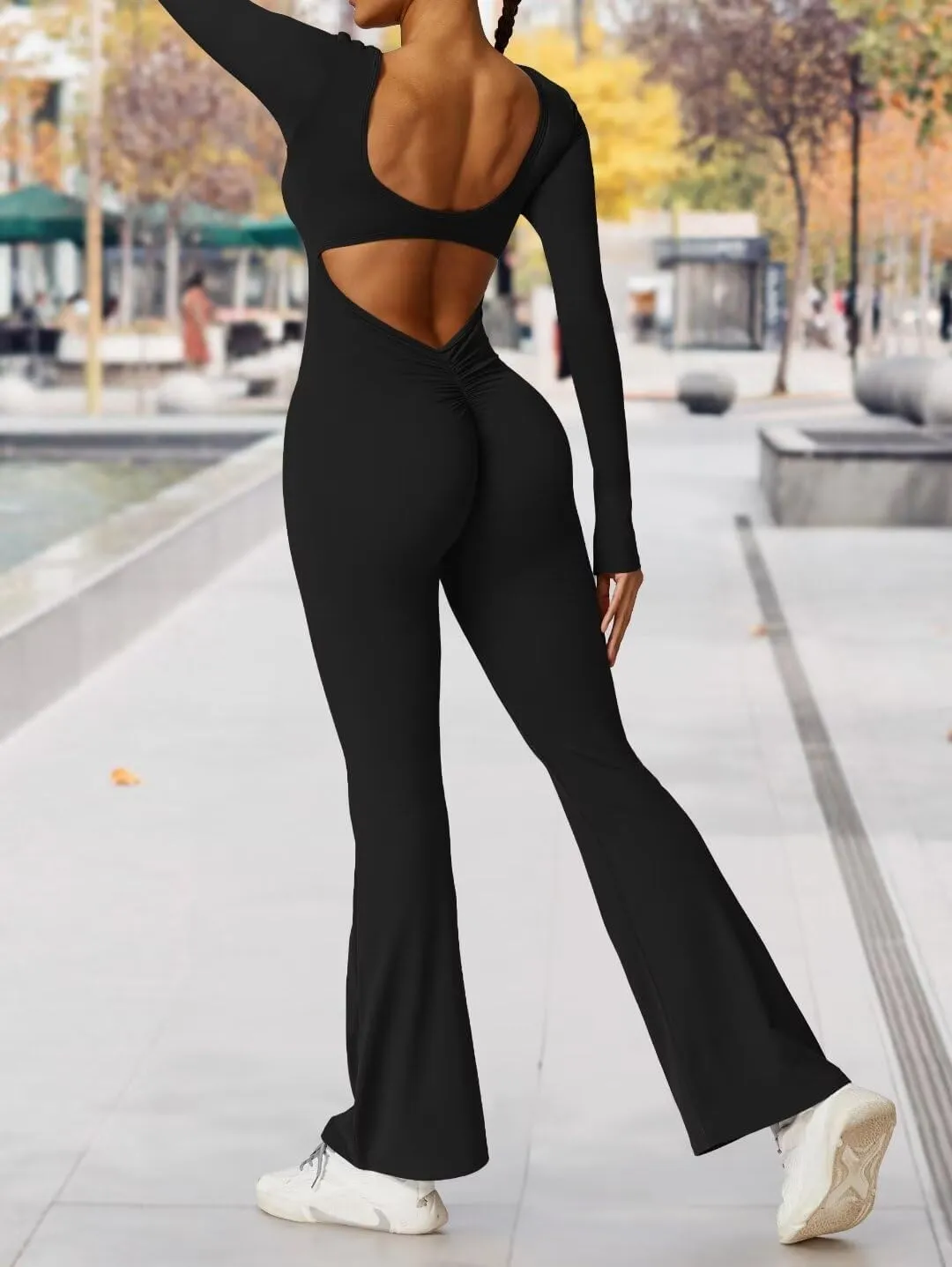 Vertvie Women Flare Jumpsuits Long Sleeve Sexy Backless Padded Bodycon Rompers Scrunch Butt V Back Playsuit Workout Bodysuit