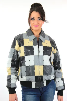 Vintage 90s Boho Patchwork studded grommet Italian leather bomber jacket coat