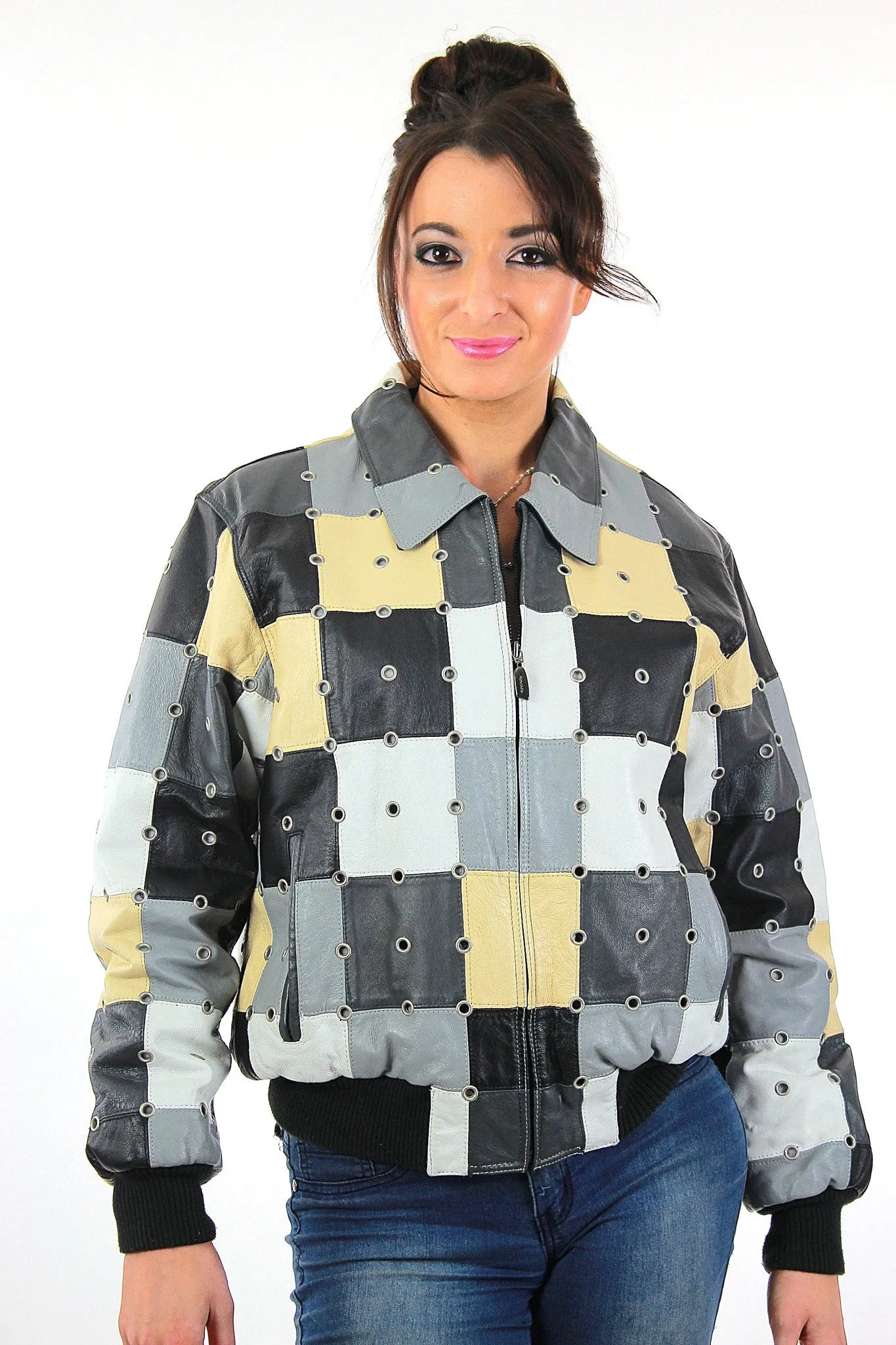 Vintage 90s Boho Patchwork studded grommet Italian leather bomber jacket coat