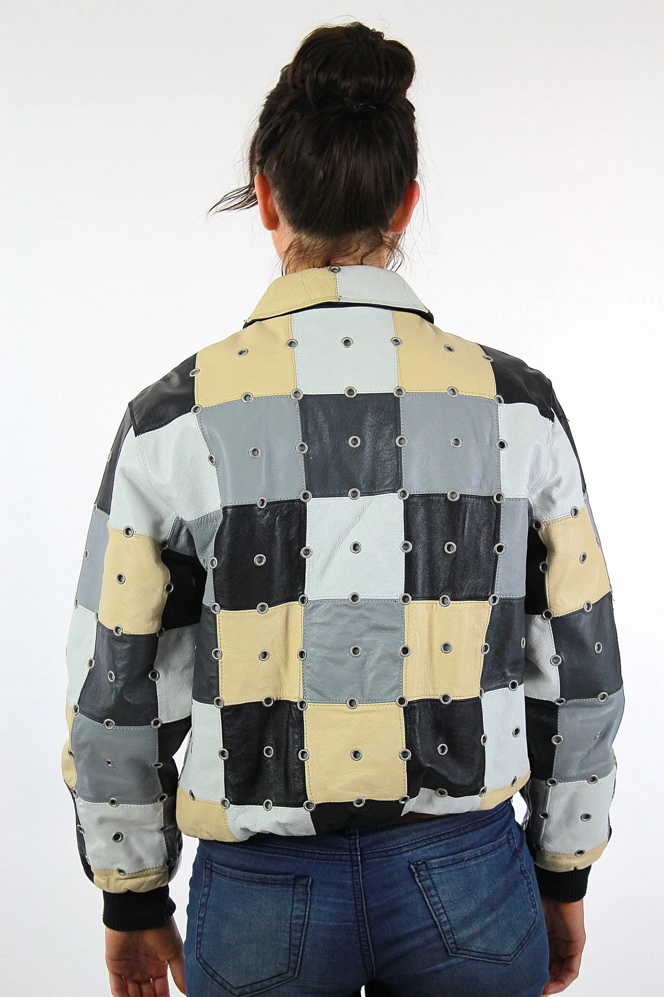 Vintage 90s Boho Patchwork studded grommet Italian leather bomber jacket coat