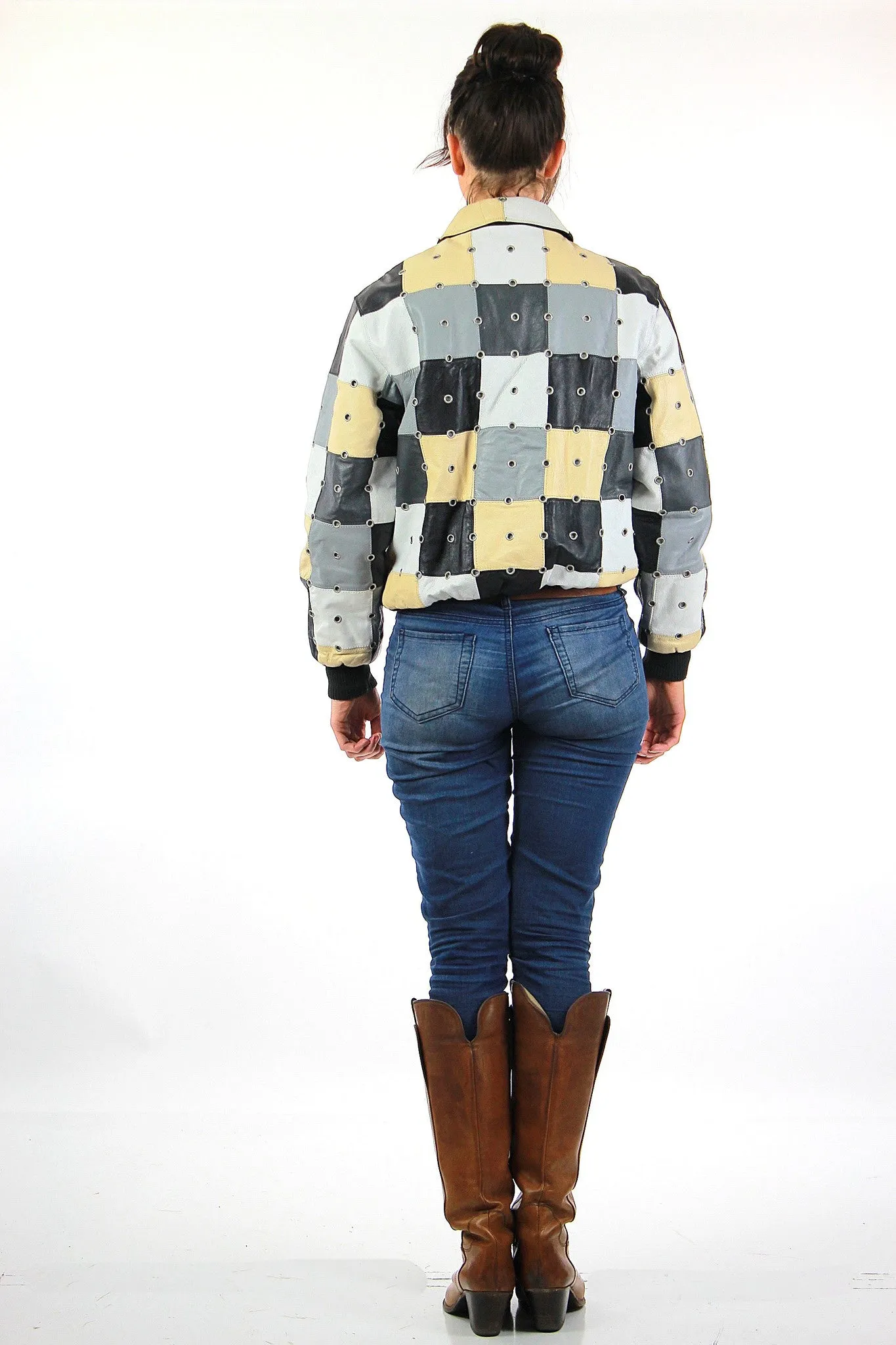 Vintage 90s Boho Patchwork studded grommet Italian leather bomber jacket coat