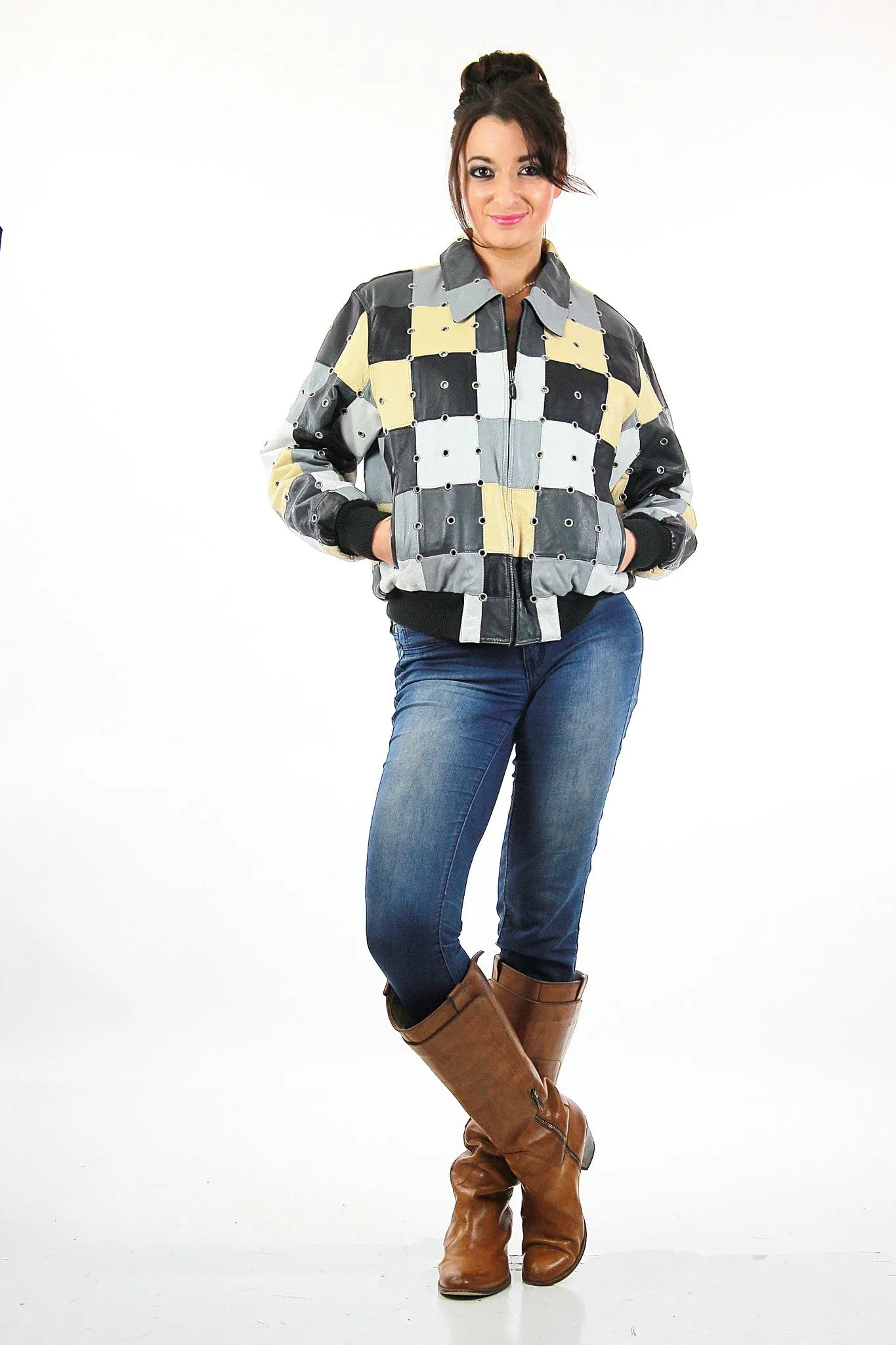 Vintage 90s Boho Patchwork studded grommet Italian leather bomber jacket coat