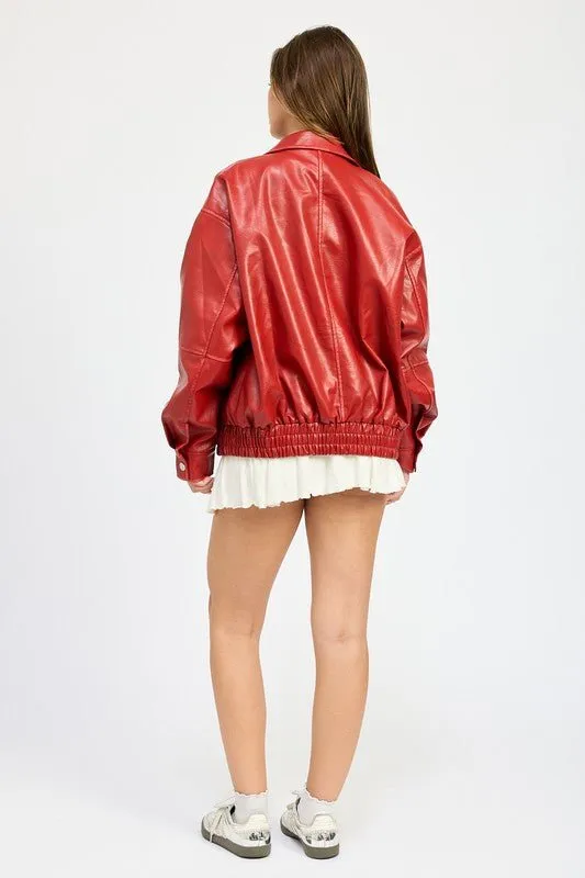 Vintage Pu Oversized Bomber Jacket