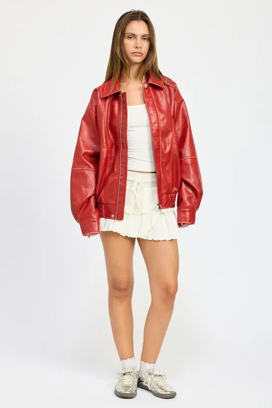 Vintage Pu Oversized Bomber Jacket