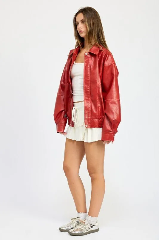 Vintage Pu Oversized Bomber Jacket
