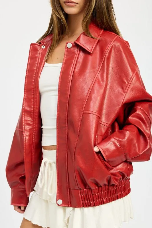 Vintage Pu Oversized Bomber Jacket