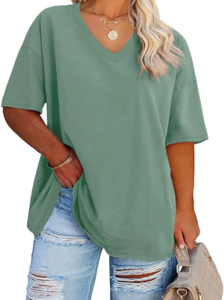 Women's Plus Size V Neck T Shirts Summer Half Sleeve Tees Casual Loose Fit Cotton Tunic Tops