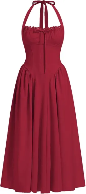 Women’s Summer Floral Corset Dress Casual Party Midi Sun Dress Boho Flowy Lace Up Ruched Backless Milk Maid Dress
