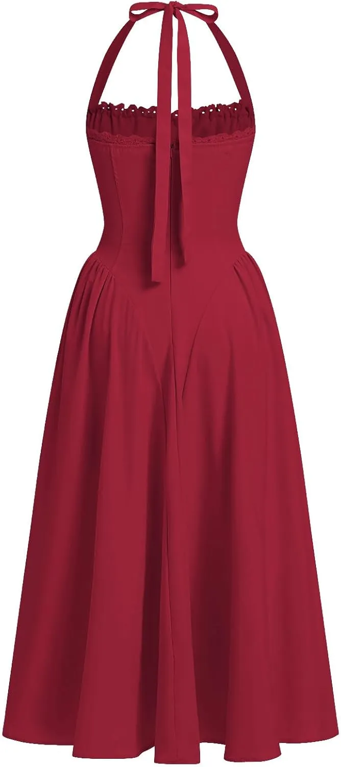 Women’s Summer Floral Corset Dress Casual Party Midi Sun Dress Boho Flowy Lace Up Ruched Backless Milk Maid Dress