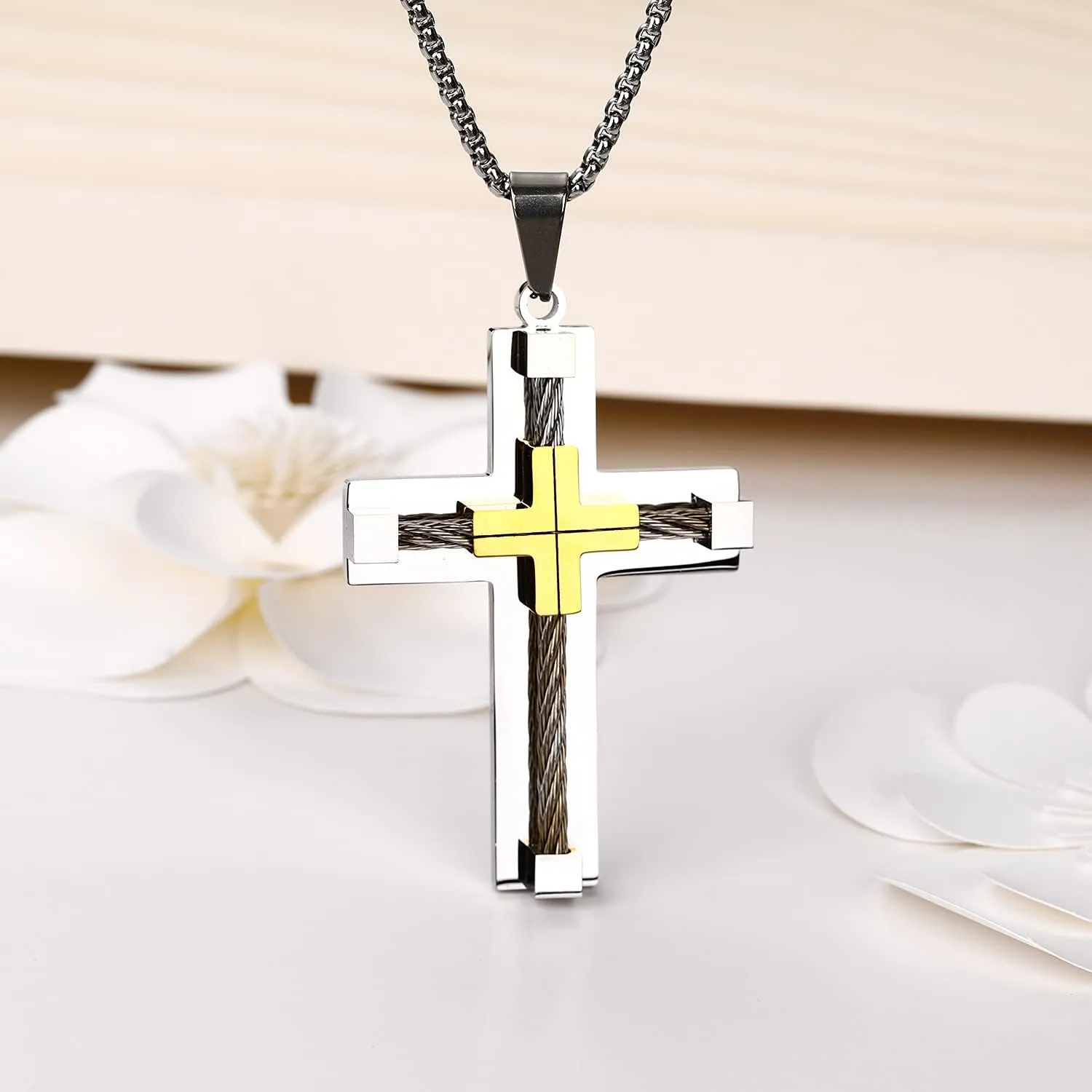 Yonhon Men's Cross Necklace 316L Stainless Steel Large Jesus Christ Pendant